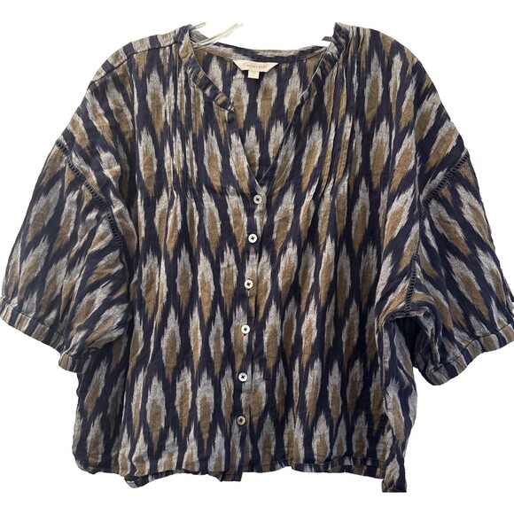 Garnet Hill Uma Ikat Button Front Shirt XL Brown Gray Navy Blouse 100% Cotton - Picture 1 of 10